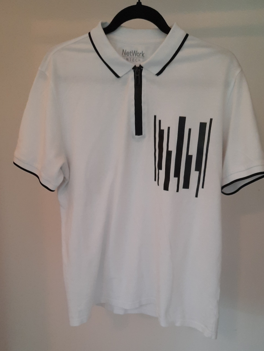 Net Work NTECH Mens White Polo Shirt with Black Trim and Graphic